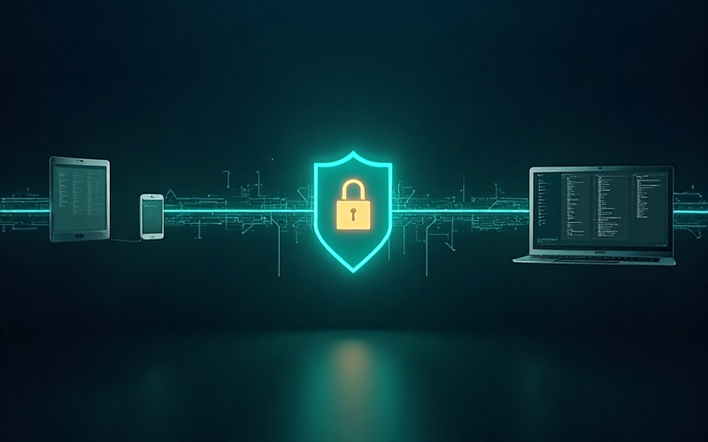 Illustration zur Tailscale-VPN-Sicherheit mit Schild, goldenem Schlüssel und verschlüsseltem Datentunnel