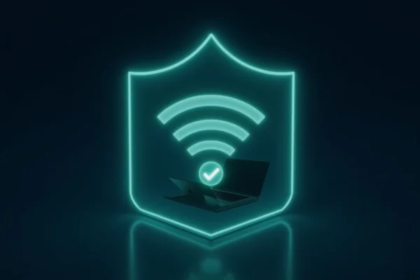 Illustration: laptop working offline inside a protective shell