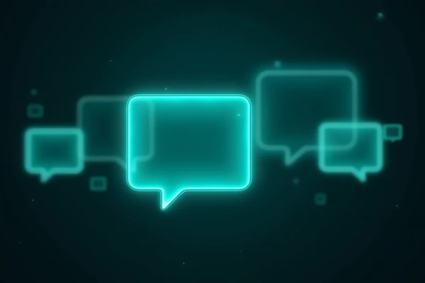 Illustration: glowing teal chat bubbles