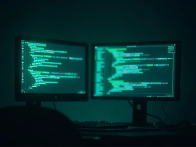 Illustration: dual code screens with teal glow